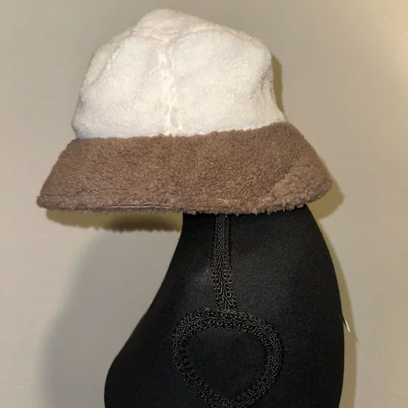 CHANEL Cream and Brown Designer Winter Bucket Hat with Gold Logo